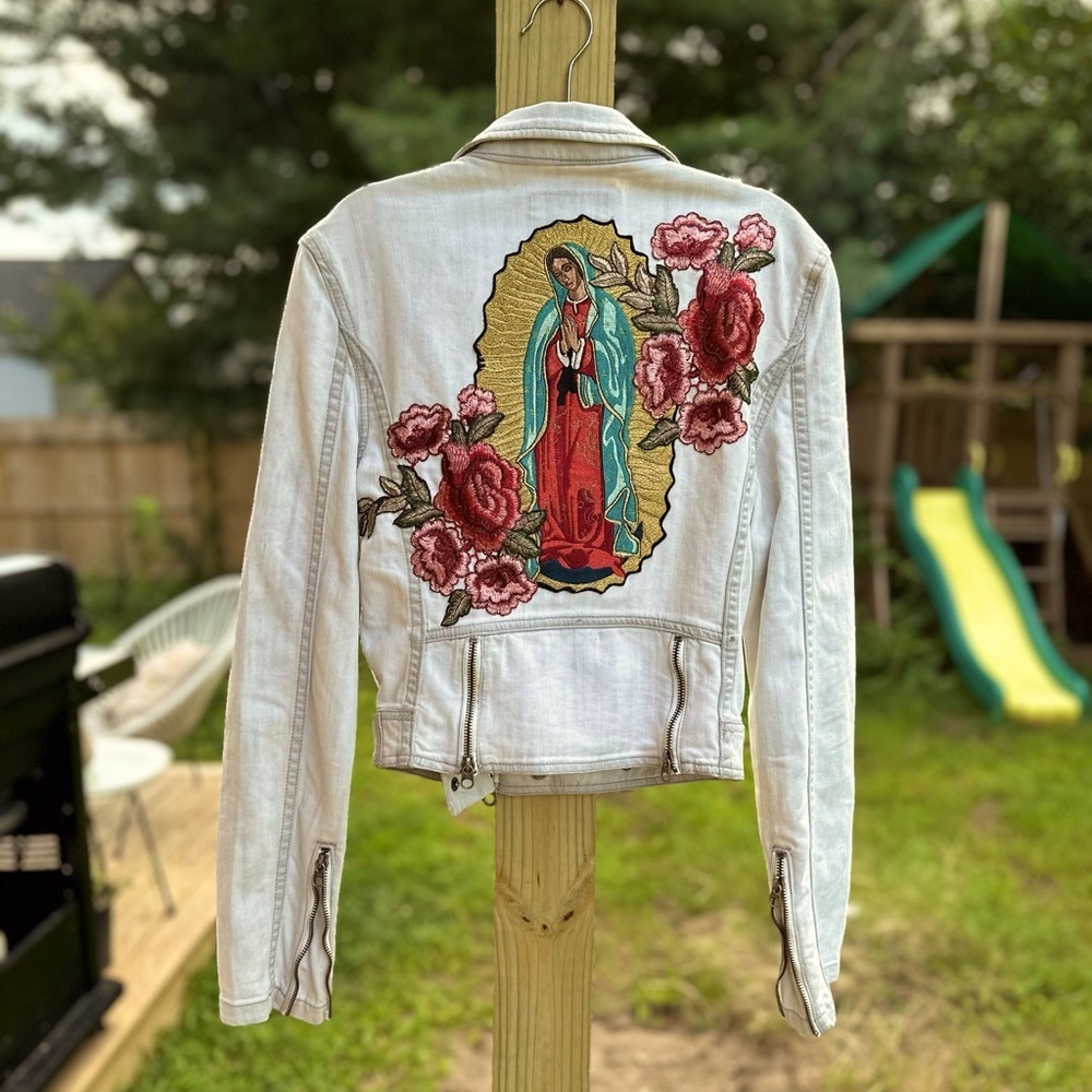 Denim and Bone Mary and Roses patch and embroidered one of a kind Levi Jacket